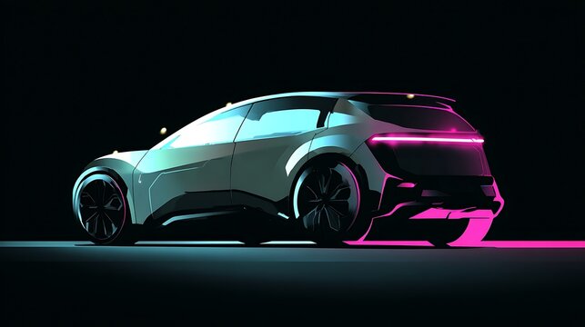 Futuristic concept car with sharp, angular design illuminated by vibrant neon pink and cyan lights.