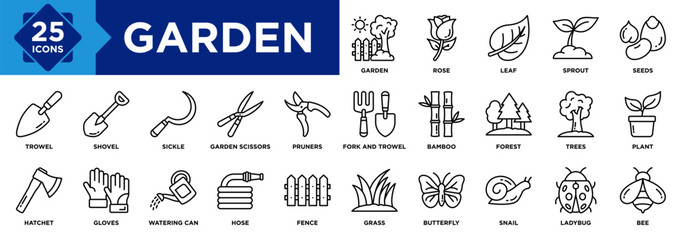 Garden icon collection set. Containing Leaf, Sprout, Seeds, Rose, Bamboo, Hatchet, Pruners, Shovel, Trowel, Garden Scissors icon
