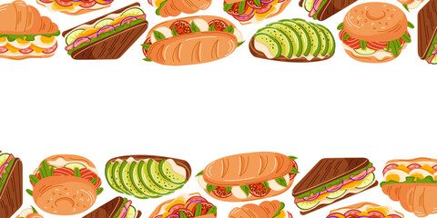 Frame border with sandwich, baguette, croissant, burger and avocado toast in flat style. Hand drawn illustration for menu design, packaging, poster and cafe background.