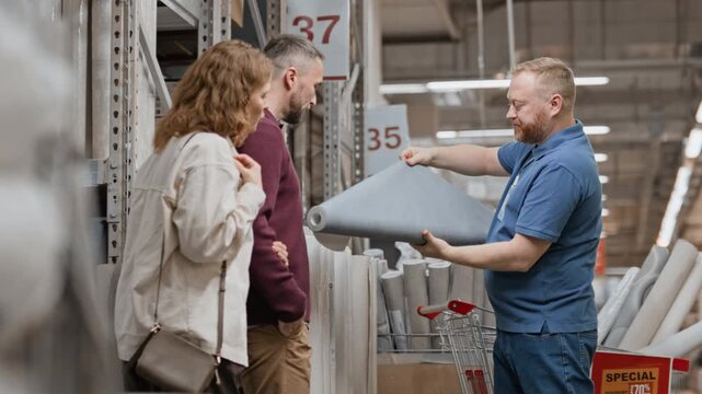 Married couple having conversation with male shop assistant who showing them new rolls of wallpaper