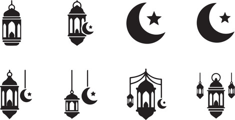 Naklejka premium Islamic Decorative Icon Set Featuring Ramadan Lanterns, Crescent Moons, and Hanging Star Ornaments in Solid Silhouette Style