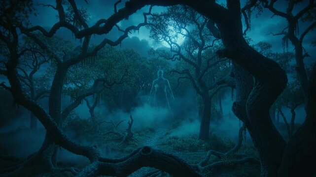Eerie forest scene with full moon and mist where a ghostly man or spirit appears in a dark, atmospheric setting.