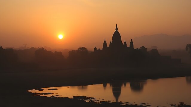 Ziggurat temple silhouette at sunset by a riverbank in misty atmosphere.