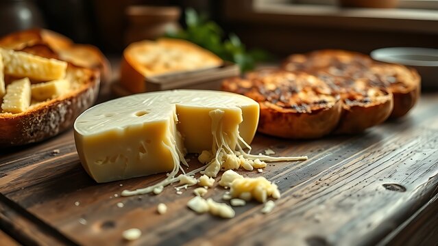 Half-cut cheese with melting strings on a rustic wooden table.