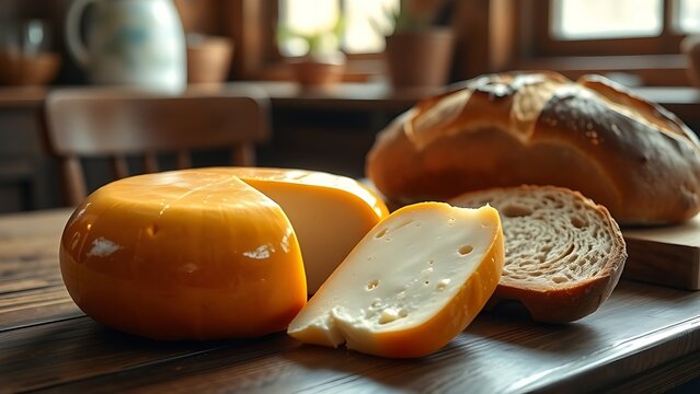 Glossy scamorza cheese and fresh bread on rustic wooden table.