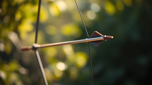 A bow with taut string and nocked arrow against a blurred natural background.