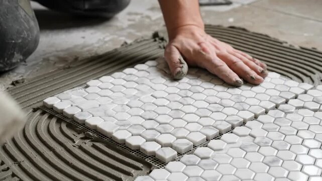 Tiler installing marble hexagon mosaic tiles on a floor. Close-up of hands laying tile sheet into adhesive. Home renovation and construction process