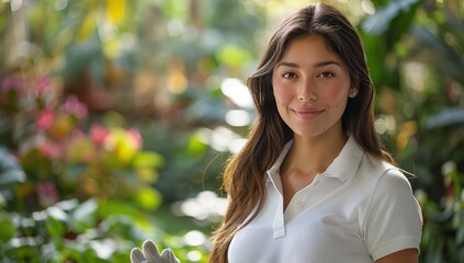 Woman in white polo holds a glove, smiling confidently in a verdant botanical setting