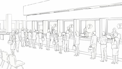 Obraz premium People waiting in line at a bank counter for service.