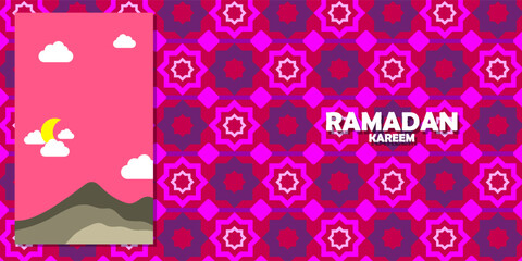 Set of Ramadan Kareem greeting cards in flat geometric style with crescent moon, lantern, mosque arches, ornamental patterns, and SALE text. Eid Mubarak modern banners in vivid blue, teal, gold, white