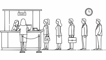 People waiting in line at a bank counter for service.