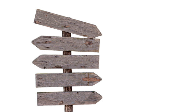 Rustic wooden signpost isolated on a white background with several blank arrows for custom text
