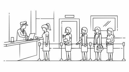 People queuing at a service counter with an attendant.