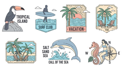 A collection of seven vintage-style illustrations depicting tropical island scenes, beach activities, and marine life. © Mugi