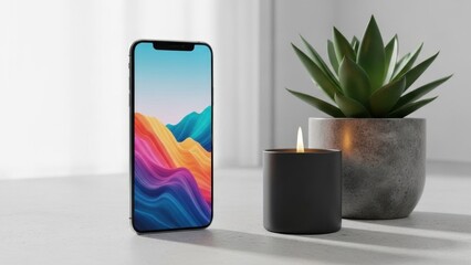 Modern interior design features a blue vase with flowers on a white background integrated with a smart digital tablet display for wireless business communication