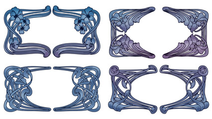 Four ornate art nouveau frames with floral and abstract decorative elements in shades of blue and purple.