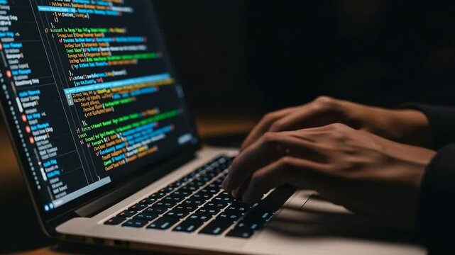 Close-up of hands typing on laptop keyboard with coding software on screen displaying colorful code programming