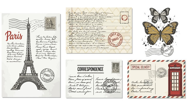 A collection of vintage-style postcards featuring iconic landmarks and motifs from Paris, London, and nature.
