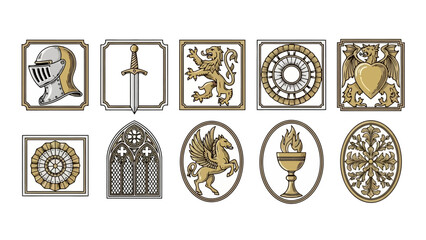 Collection of heraldic symbols and medieval emblems including a knight's helmet, sword, lion, and mythical creatures. © Mugi