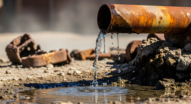 Corroded metal pipe relentlessly leaks precious water onto parched, broken ground amidst the desolate remnants of forgotten industrial infrastructure, evoking the severe environmental devastation