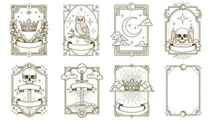 Collection of eight ornate vintage frames with mystical and symbolic elements like crowns, skulls, owls, and celestial bodies. © Mugi