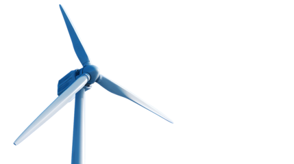 Blue offshore wind turbine rotating, generating clean energy, isolated on transparent background