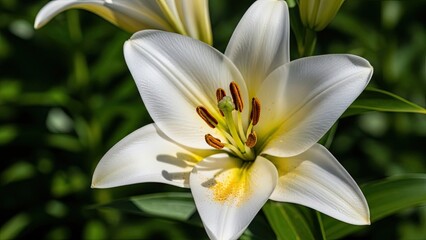 Beautiful white and yellow tiger lily blossom with delicate petals in a spring garden nature macro closeup blooming among green leaves