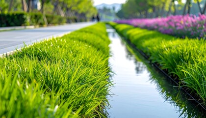 Obraz premium Narrow Waterway between Green Grassy Banks.