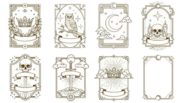 Collection of eight ornate vintage frames with mystical and symbolic elements like crowns, skulls, owls, and celestial bodies.