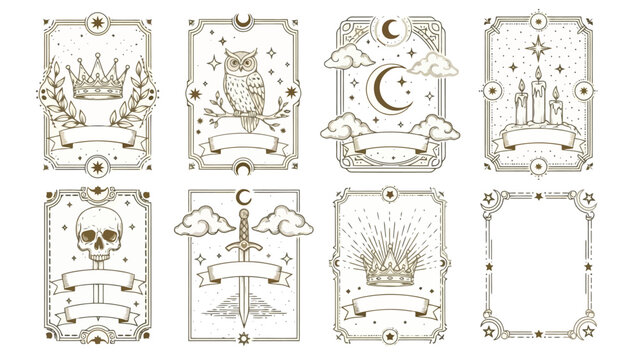 A collection of eight ornate, vintage-style tarot card illustrations featuring mystical symbols and celestial elements.