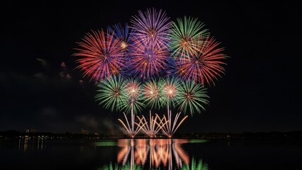 A colorful pyrotechnic display of red and blue fireworks explodes in the dark night sky over the river during a festive New Year holiday celebration