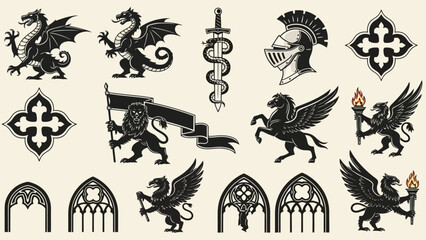 Collection of medieval heraldic symbols including dragons, lions, griffins, pegasus, swords, helmets, and architectural elements. © Mugi