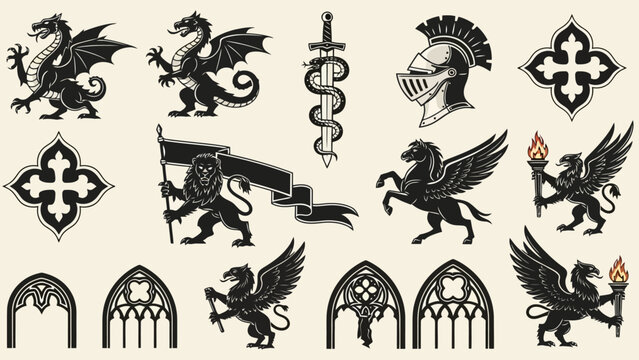 Collection of medieval heraldic symbols including dragons, lions, griffins, pegasus, swords, helmets, and architectural elements.
