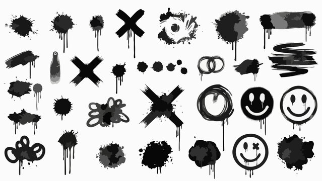 A collection of black and white graffiti elements including splatters, crosses, smiley faces, and abstract shapes.