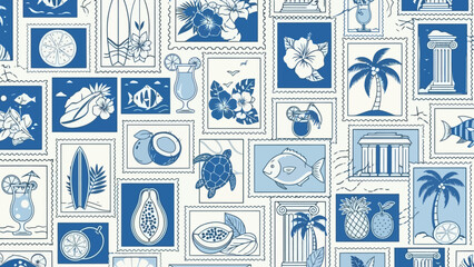 A seamless pattern of blue and white postage stamps featuring tropical motifs like palm trees, fruits, and cocktails. © Mugi