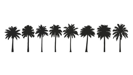 A horizontal line of seven distinct black palm tree silhouettes against a stark white background. © gita