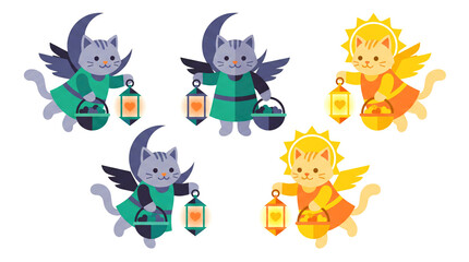 Fototapeta premium Celestial Cat Angels with Lanterns and Baskets