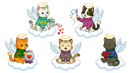 Naklejka premium Five Angel Cats on Clouds with Love Themes