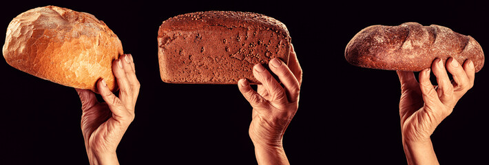 Bread isolated on black background, home made food. Set collage different fresh bread in hand....