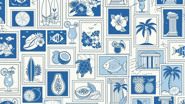 A seamless pattern of blue and white postage stamps featuring tropical motifs like palm trees, fruits, and cocktails.
