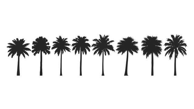 A horizontal line of seven distinct black palm tree silhouettes against a stark white background.