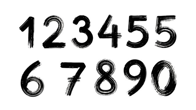 A collection of hand-drawn numbers from zero to nine, rendered in a bold, brushstroke style on a white background.