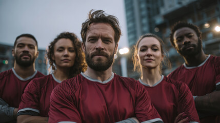 Diverse group of athletes in matching maroon jerseys standing confidently with arms crossed