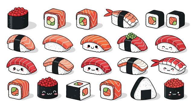 A delightful collection of kawaii-style sushi illustrations, featuring various types of nigiri, maki rolls, and gunkanmaki with adorable smiling faces.
