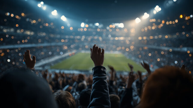 Crowd cheering with hands raised at a brightly lit stadium during a night game