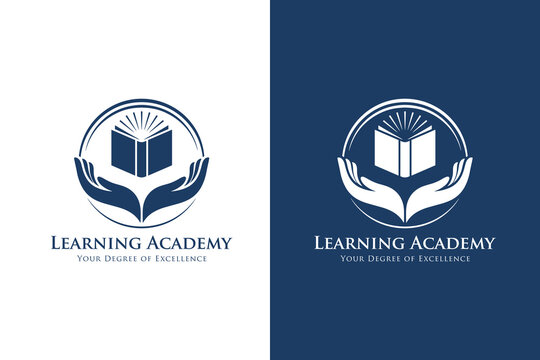 Professional learning academy logo with open book badge icon in blue for school education institute branding, modern vector emblem design.

