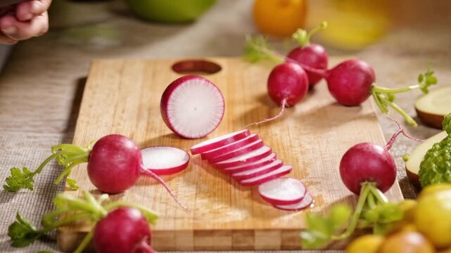 Skillful hands using a sharp stainless steel knife to slice vibrant red radishes on wood