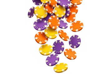 Casino poker chips falling, representing games of chance, betting, jackpot, and winning. Transparent background