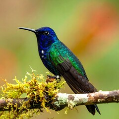 Obraz premium Vibrant hummingbird perched on a mossy branch with a blurred, colorful backdrop