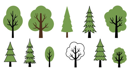 A collection of diverse cartoon-style trees, including deciduous and coniferous varieties, presented in a flat design. © gita